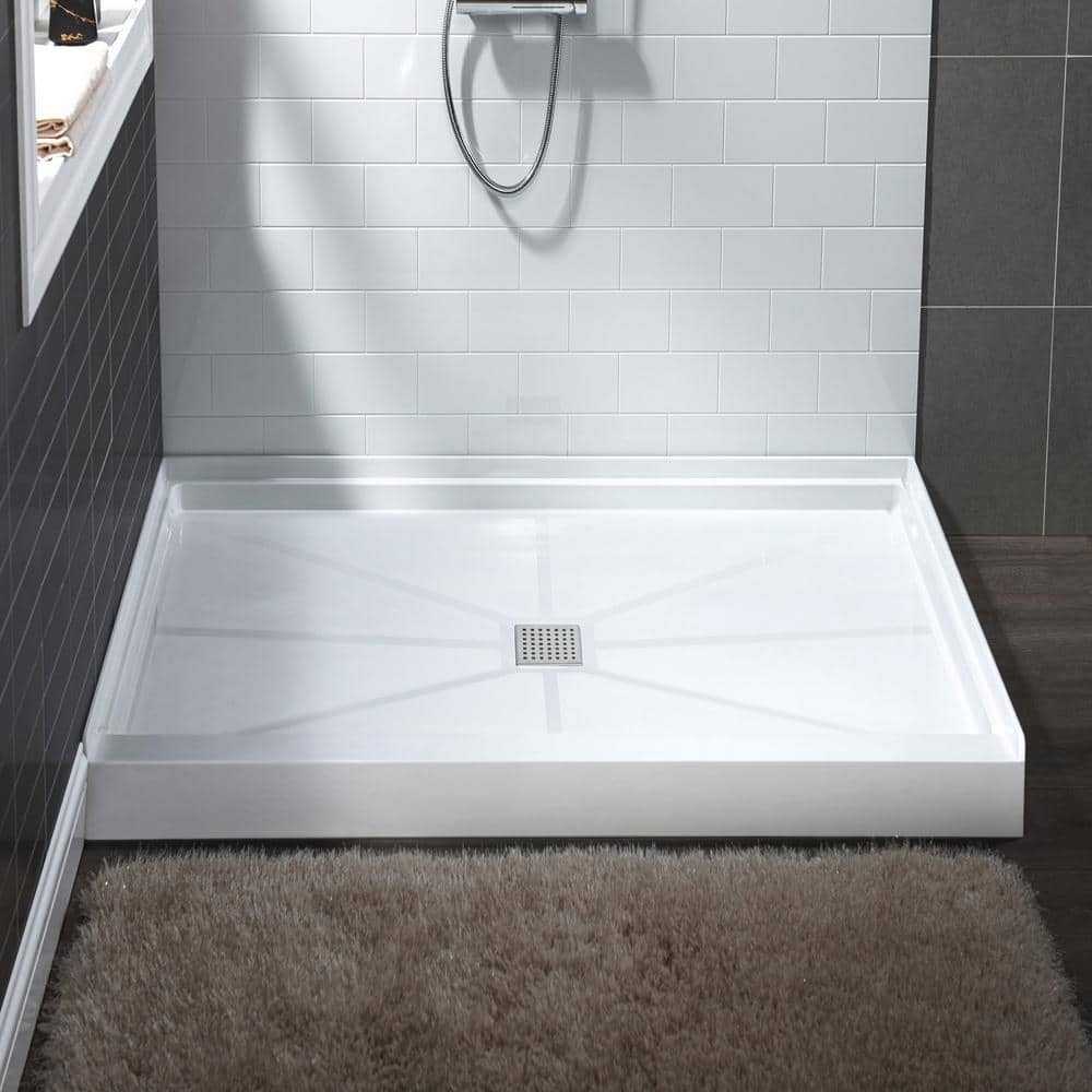 36" White Rectangular Shower Pan Base with Brushed Nickel Drain
