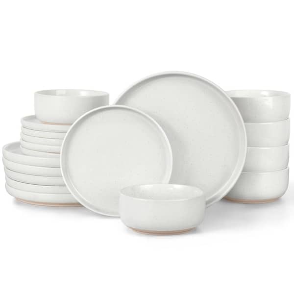 18-Piece Rustic Speckled White Stoneware Kitchen Dinnerware Set, Plates and Bowls, Service for 6