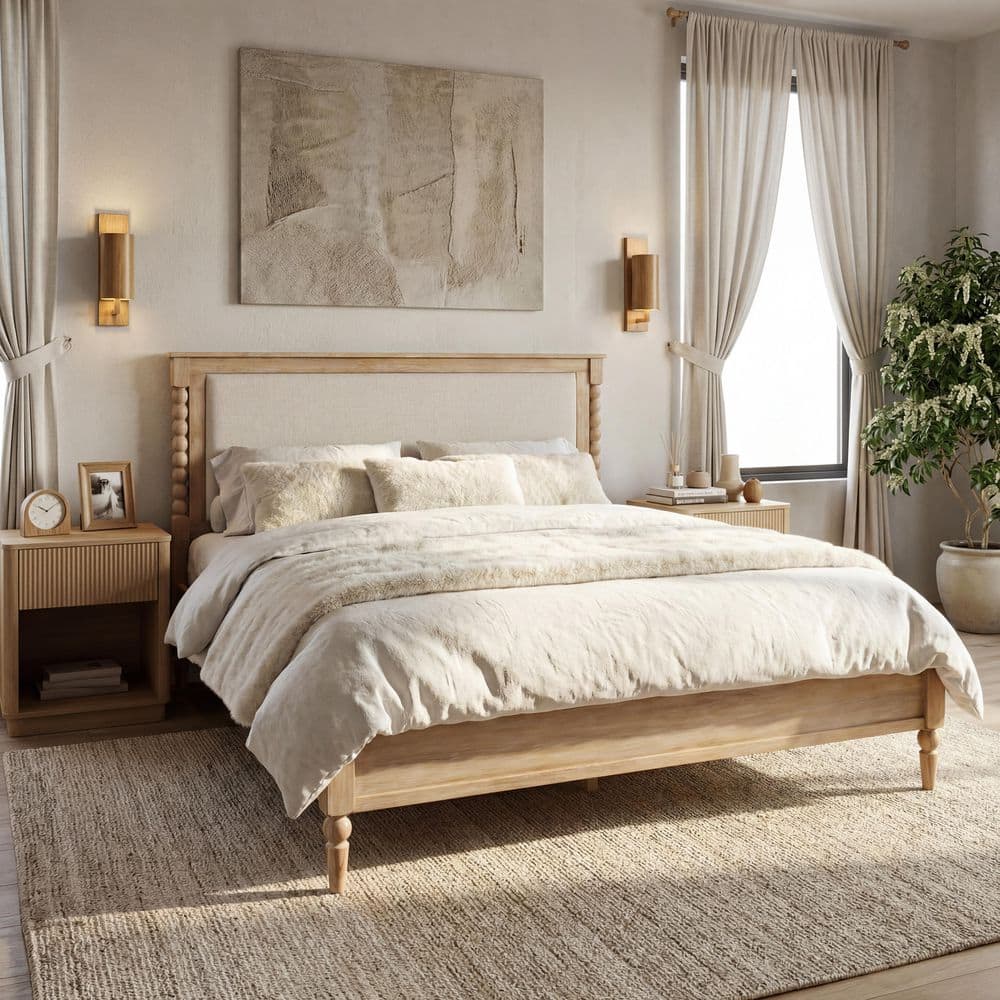 Quillon Farmhouse Natural Brown Wood Frame Queen Size Platform Bed with Upholstered Headboard, Spindle Design