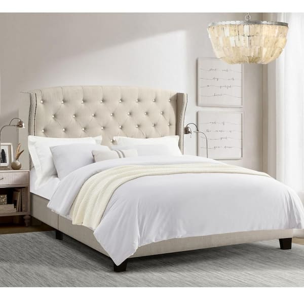 Beige Wood Frame Button Tufted Queen Platform Bed Vintage Style Bed Frame with Solid Wood Legs