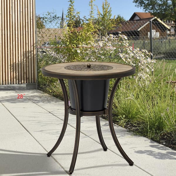 Round Cast Aluminum Bistro Table with Ice Bucket and Ceramic Tabletop