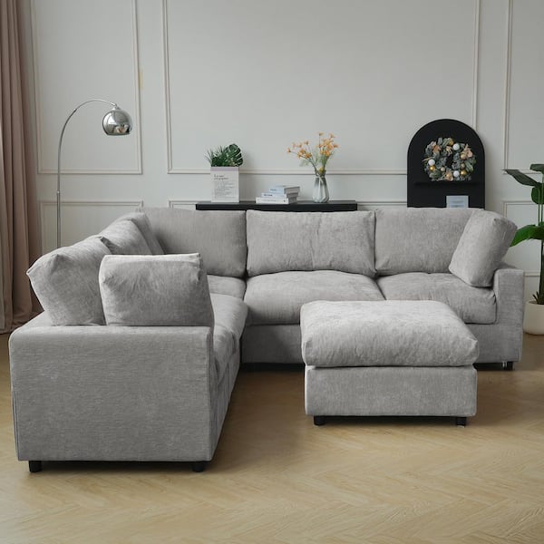 100.5 in. Square Arm 6 Piece Chenille Couch Modular Free Combination Sectional Sofa with Ottoman in Gray