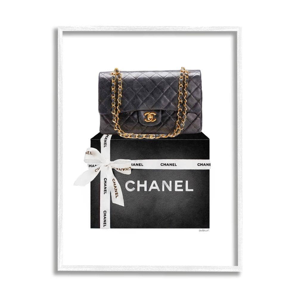 Stupell Industries Black Quilted Purse on Bold Glam Bow Box by Amanda Greenwood Framed Abstract Wall Art Print 24 in. x 30 in -  af-638_wfr24x30