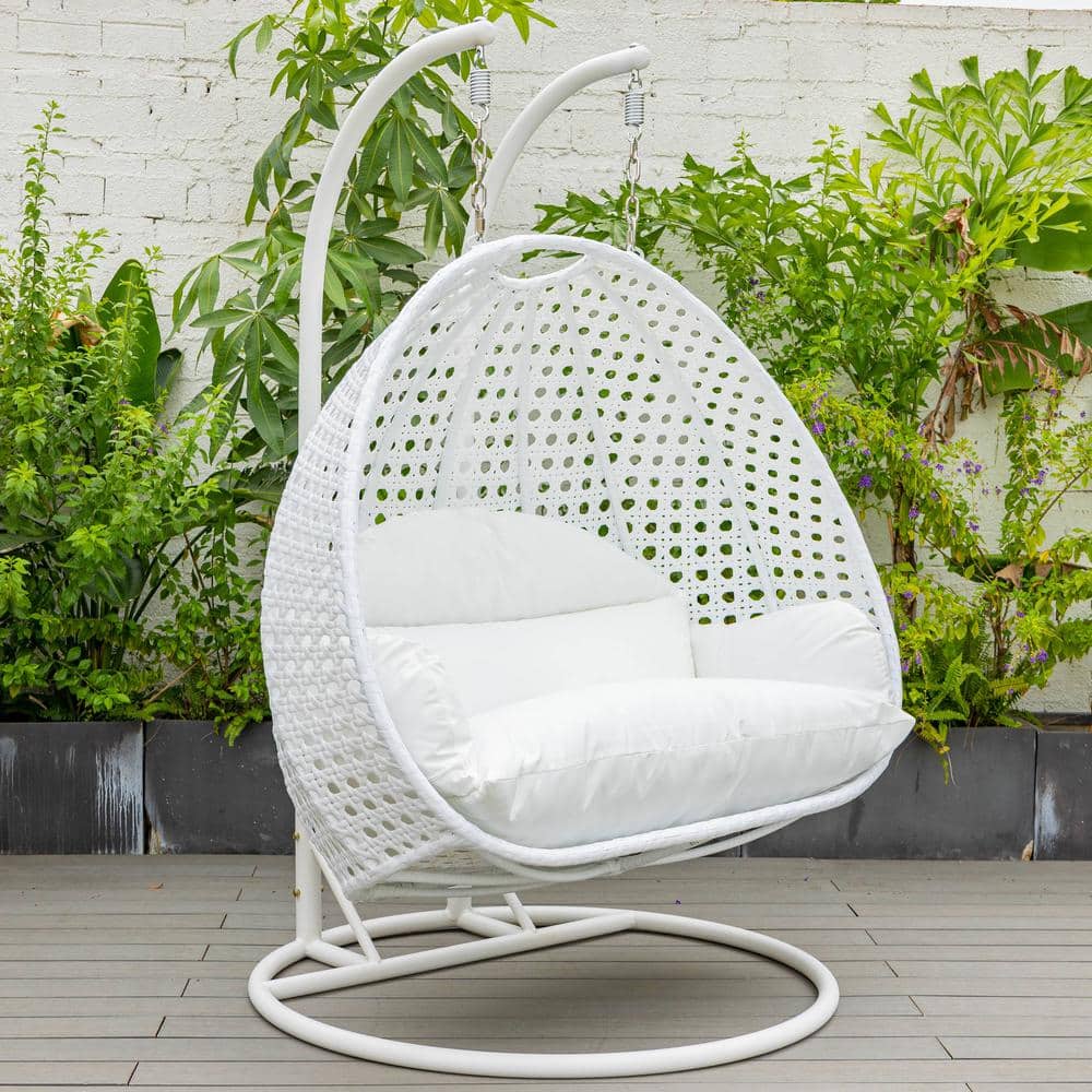 White Wicker Hanging Double Seater Egg Swing Chair with Cushions