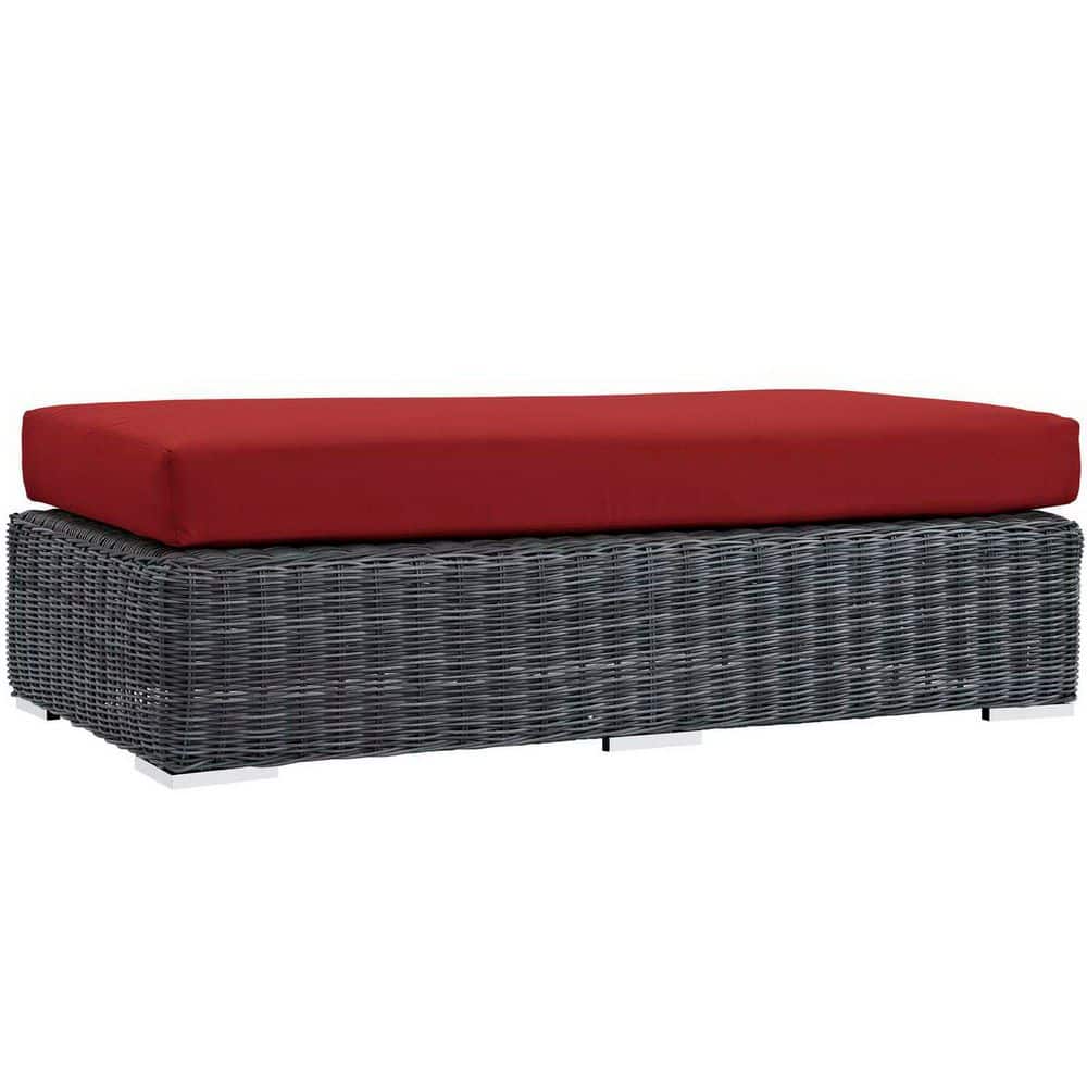 Summon Wicker Rattan Outdoor Patio Sunbrella Fabric Rectangle Ottoman in Canvas Red