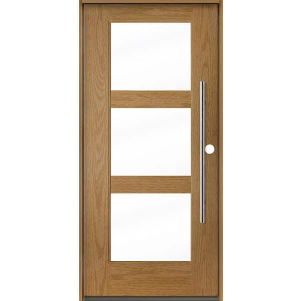 Krosswood Doors Modern Faux Pivot 36 in. x 80 in. 3-Lite Left-Hand/Inswing Clear Glass Bourbon Stain Fiberglass Prehung Front Door