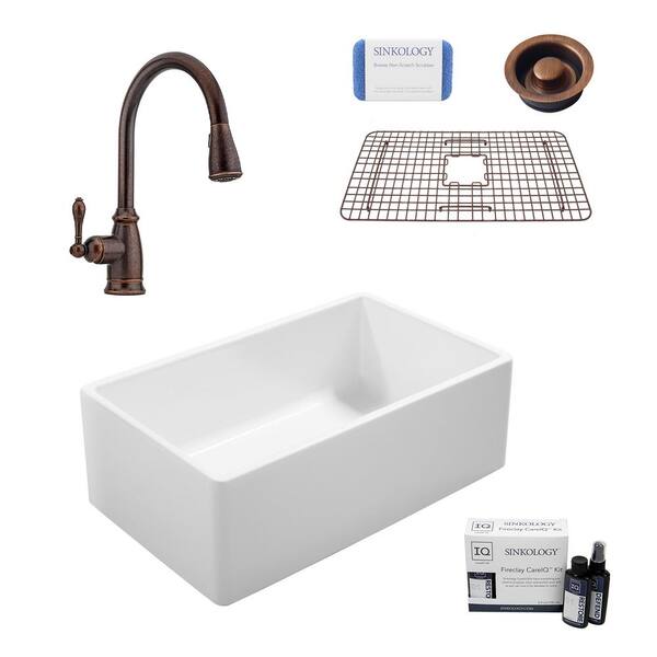 SINKOLOGY Ward All-in-One Farmhouse Fireclay 33 in. Single Bowl Kitchen Sink with Pfister Faucet in Bronze and Disposal Drain