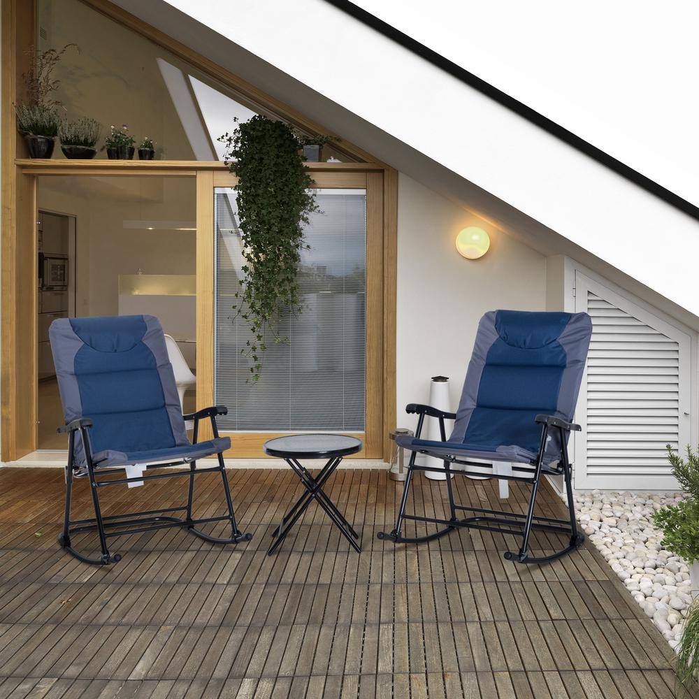Metal Outdoor Rocking Chair, Patio Folding Chair Table Set with Glass Coffee Table for Yard, Patio, Deck, Blue (3-Piece) price history on PriceWatchPro