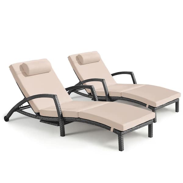 DENISLAWN Gray Rattan Chaise Lounges (Set of 2), Wicker Outdoor Patio Pool Chaise Lounge Chair, with Khaki Cushion