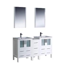 Torino 60 in. Double Vanity in White with Ceramic Vanity Top in White w/ White Basins and Mirrors (Faucet Not Included)