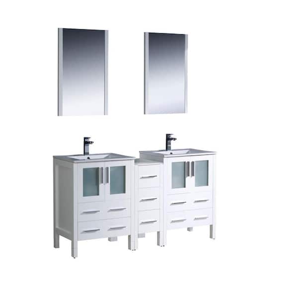 Fresca Torino 60 in. Double Vanity in White with Ceramic Vanity Top in White w/ White Basins and Mirrors (Faucet Not Included)