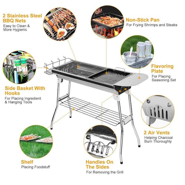 Foldable BBQ Grill Portable Charcoal Barbeque Grill Stainless 