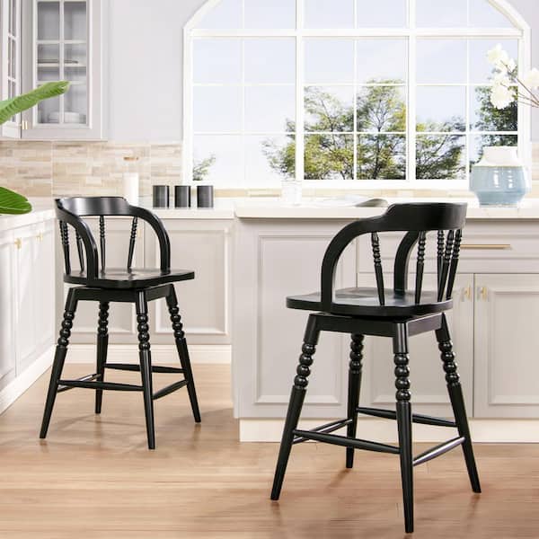 Breda 25.5 in. Black Low-Back Turned Bubble Spindle Wood Counter Stool with Wood Seat