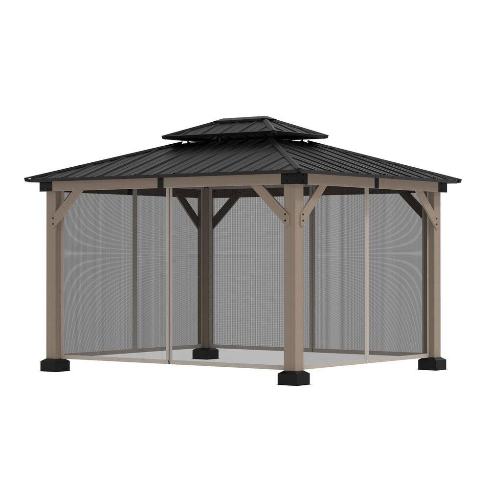Mondawe 10'x12' Permanent Hardtop Gazebo Canopy Cedar Wood Framed Pavilion with Galvanized Steel Double Roof for Patio Lawn and Garden, Netting Included