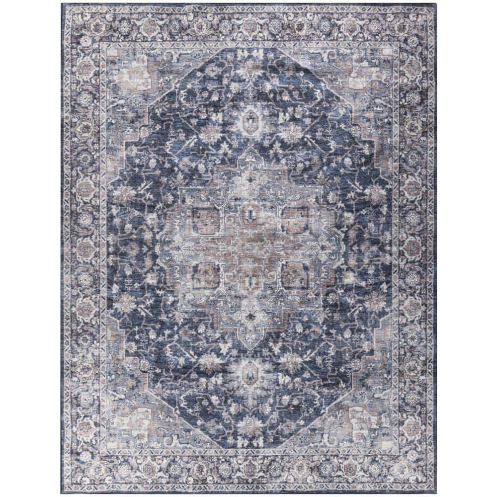Machine Washable Series 1 Ivory Navy 10 ft. x 14 ft. Distressed Traditional