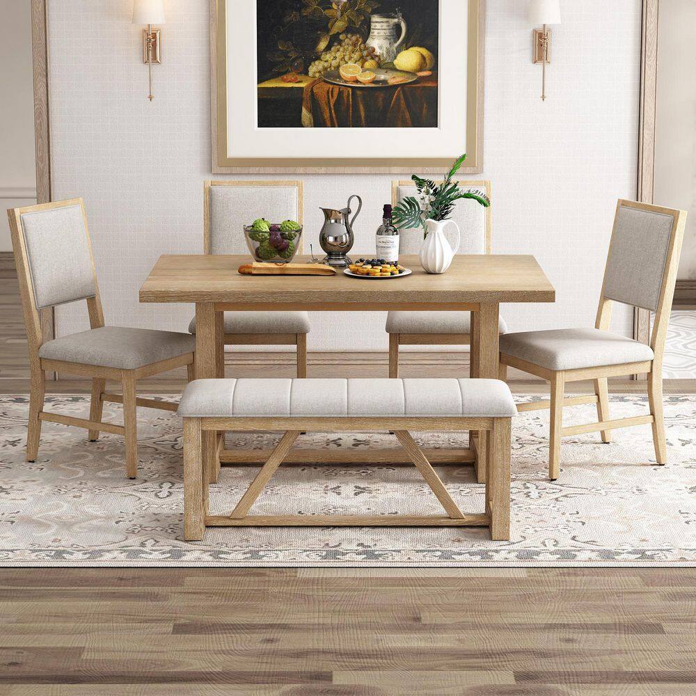 Owen 6 Piece Rectangular Natural Wood Top Dining Table Set Seats 6 with Bench and 4 Dining Chairs, Designed Trestle Base