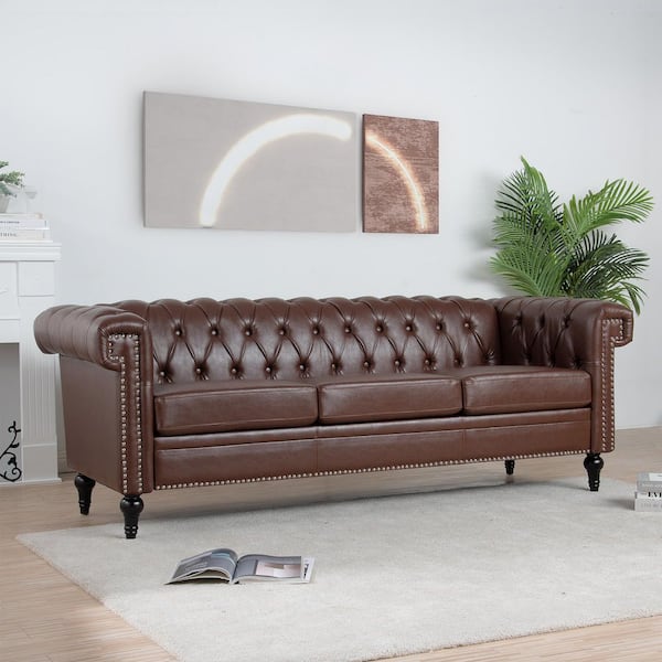 Holy 83.66 in. Square Arm Faux Leather Upholstered Rectangle Sofa in Brown