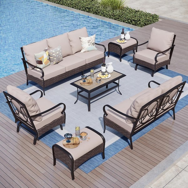 PHI VILLA Black 7-Piece Rattan Steel 9 Seat Outdoor Patio Conversation Set with Beige Cushions, 2 Ottomans, 2 Motion Chairs