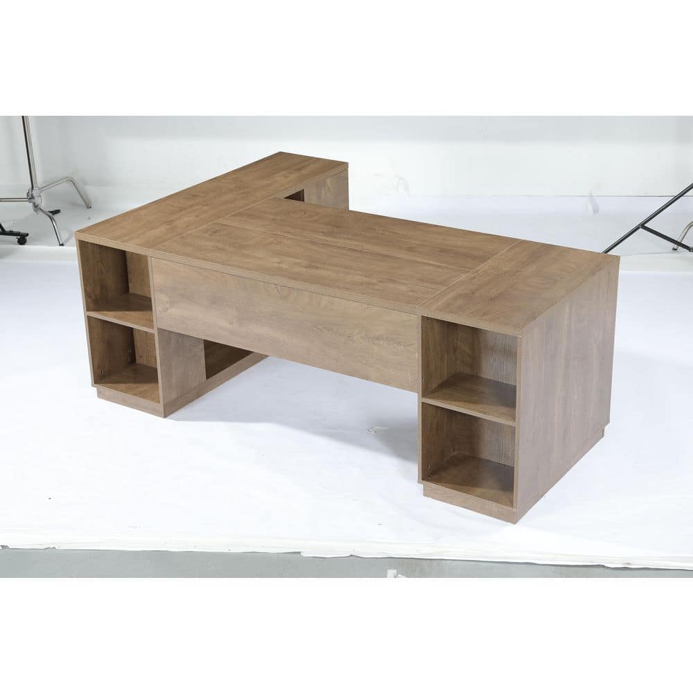 Capen 78.7 in. L Shaped Oak Brown Large Executive Desk with Shelves, Cabinet, Drawers for Home Office