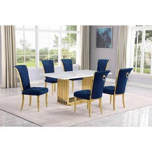 Lisa 7-Piece Rectangular White Marble Top Gold Chrome Base Dining Set with Navy Blue Velvet Chairs Seats 6.