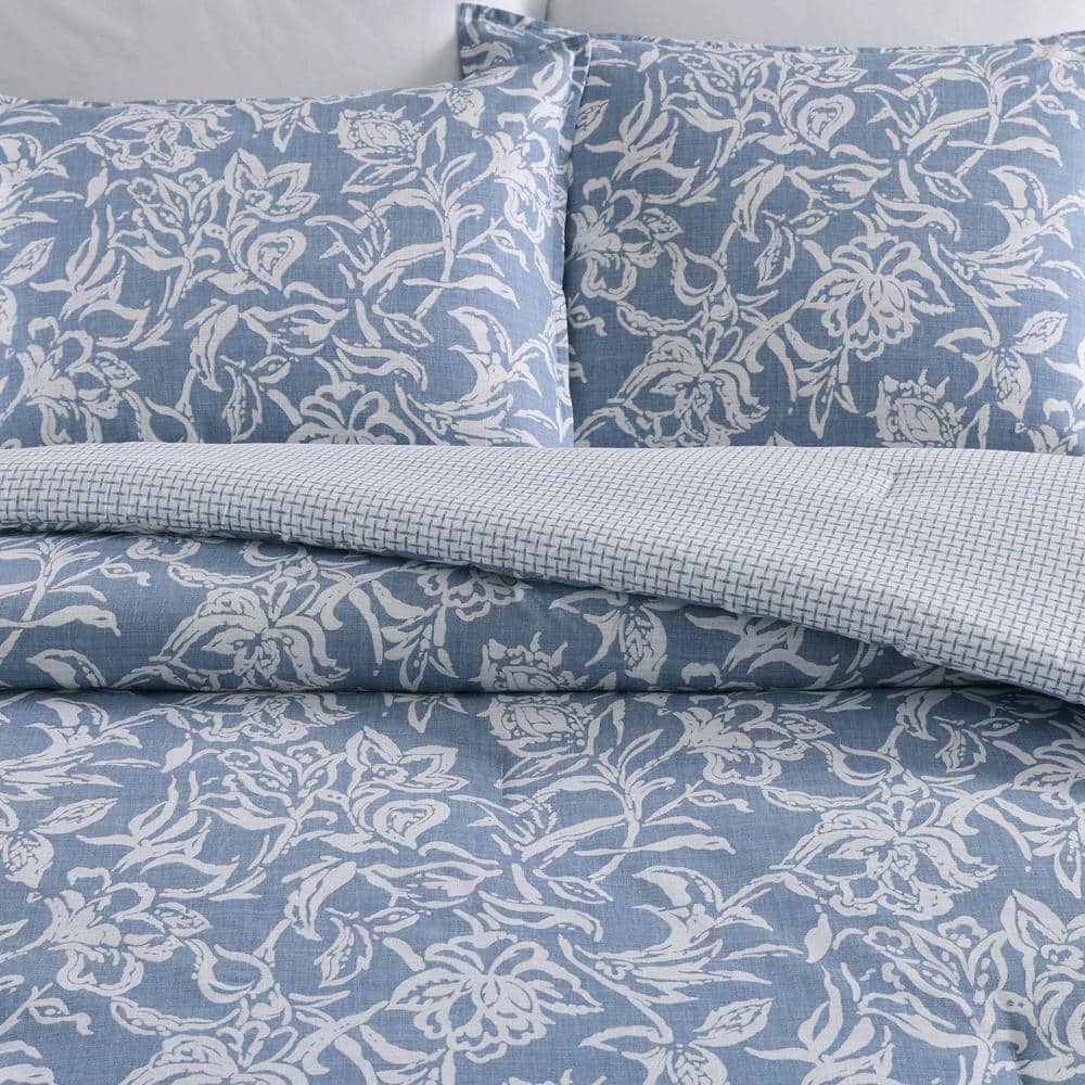 Twin Blue and White Cotton Reversible Duvet Cover Set