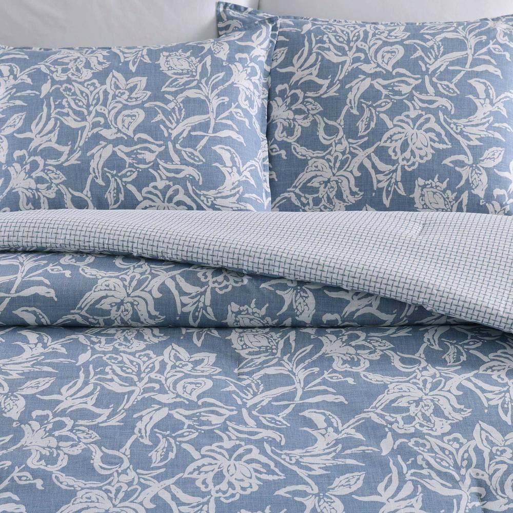 Tortola Blue and White Cotton Floral Queen Duvet Cover Set