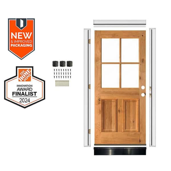 32in.x80in. LH 4-Lite Clear Glass  Clear Stain KnottyAlder Wood AssemblyRequired Front Door Kit w/QuickAssembleJamb