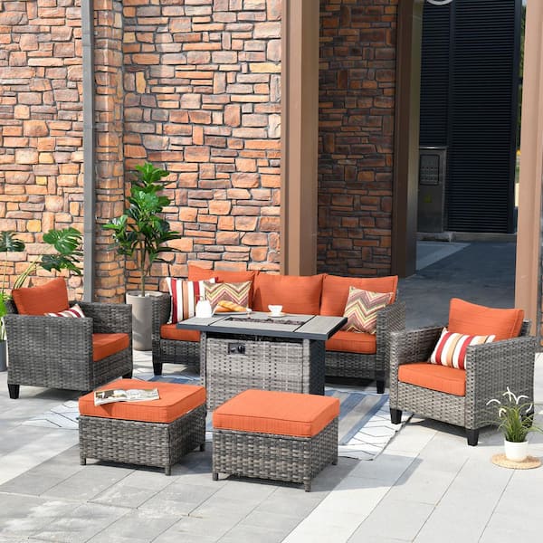 OVIOS New Vultros Gray 6-Piece Wicker Patio Fire Pit Conversation Seating Set with Orange Red Cushions