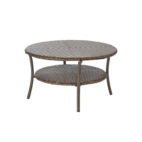 Stylewell Mix And Match Brown 32 In Round All Weather Resin Wicker Outdoor Coffee Table With Woven Table Top 65 17600 The Home Depot
