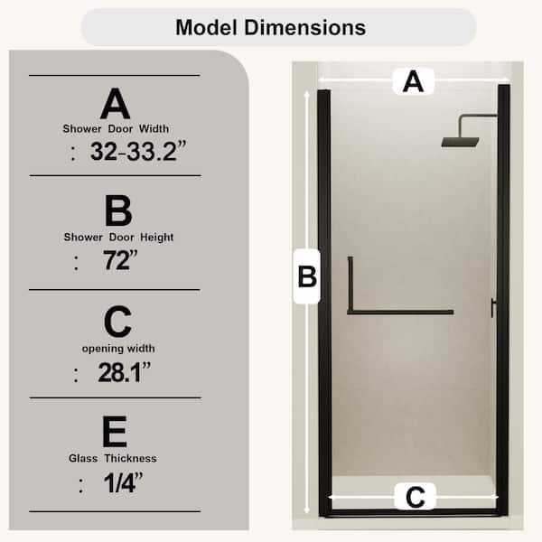 YSQCAR 33.2 in. W x 72 in. H Pivot Semi-Frameless Shower Doors in