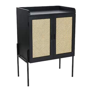 Modern Black Wood and Metal Bar Cabinet with Cane Panels