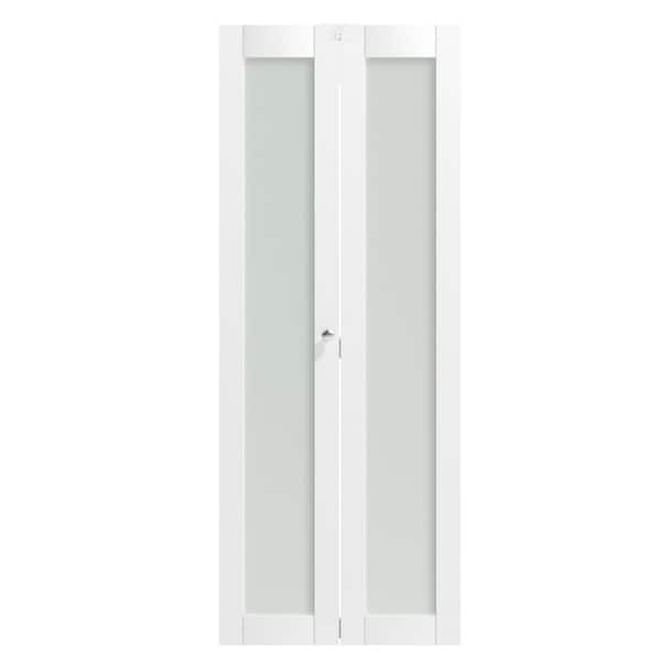 24 in. x 80 in. Full Lite Frosted Glass Solid Core White PVC Covering MDF Bi-fold Door with Lock, Handles