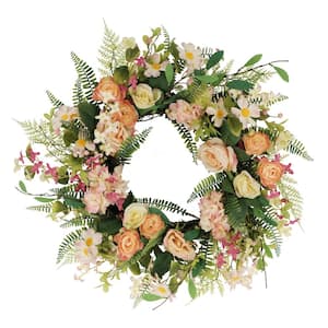 24 in. Artificial Rose and Hydrangea and Floral Spring Wreath