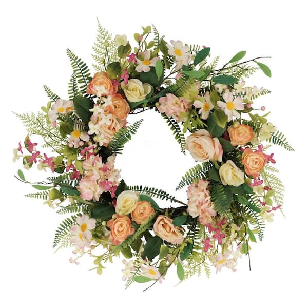 Puleo International 24 in. Artificial Rose and Hydrangea and Floral Spring Wreath