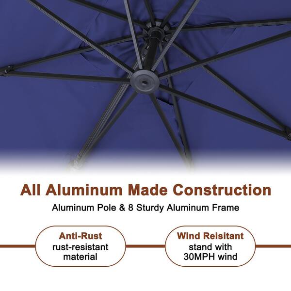 10 ft. Square Aluminum Cantilever Outdoor Tilt Patio Umbrella in Navy Blue with Bluetooth LED Light Base Weight Stand