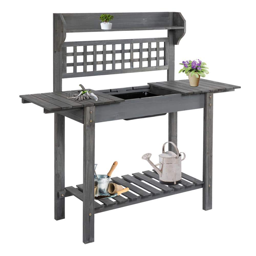 Gray Wooden Garden Potting Bench with Sliding Tabletop and Storage