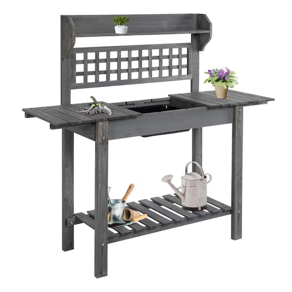 Outsunny 17.75 in. W x 55 in. H Grey Wooden Shed Garden Potting Bench Work Table