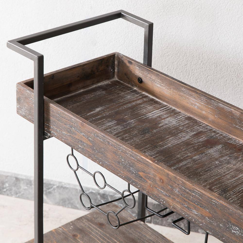Rustic Brown Industrial Bar Cart with Wine Rack and Wheels