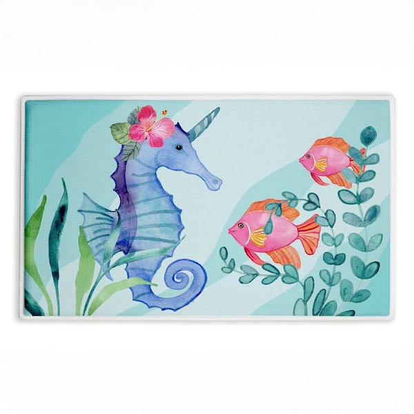 Horned Seahorse & Fish 18 in. x 30 in. Blue Graphic Polyester Blend Rectangle Bath Mat