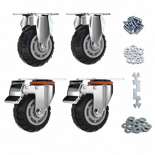 Set of 4 Heavy Duty 4 Inch Black Rubber Swivel and Fixed Caster Wheels with Brake 1320 lb Load Rating Non-Marking