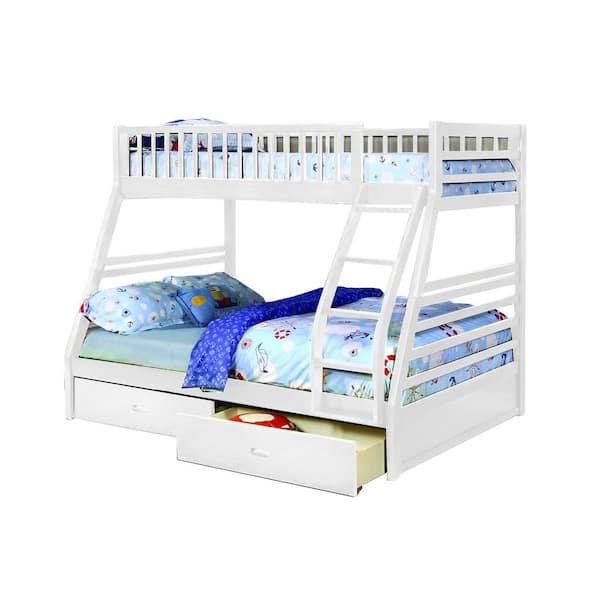 HomeRoots Amelia White Twin Over Full Bunk Bed with Storage