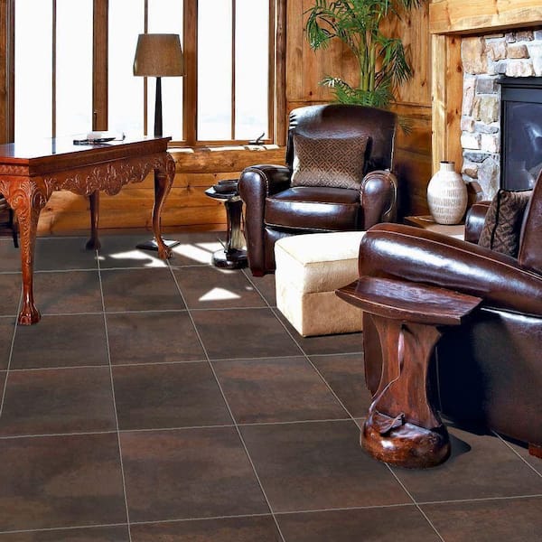 Brown Oxidized Metal Sandstone Emboss 12 in. W x 18 in. L Peel and Stick Vinyl Tile Flooring (27 sqft/case)
