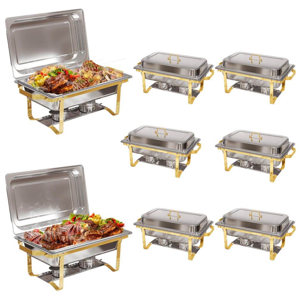 8 Qt. 8-Pack Stainless Steel Chafing Dish Buffet Set with Rolled-Edge Design in Gold and Silver for Weddings and Events