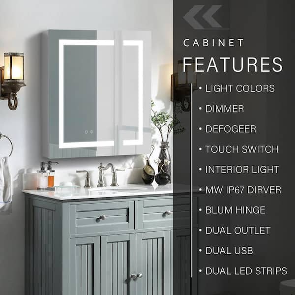 Angeles Home 30 In W X H Rectangular Silver Recessed Surface Led Light Mirror Cabinet With Defogger Dimmer Outlets Usb 8w3mcl3030 The
