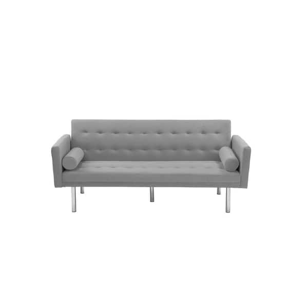 Spaco 68.5 in. W Gray Velvet Upholstered Twin Convertible Folding Futon Sofa Bed with 2-Same Color Long Pillows