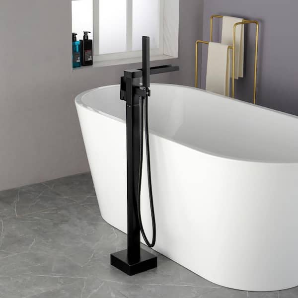 Floor Mount Free Standing Bathroom Tub Filler Mixer Faucet Hand Shower Spray Tap 