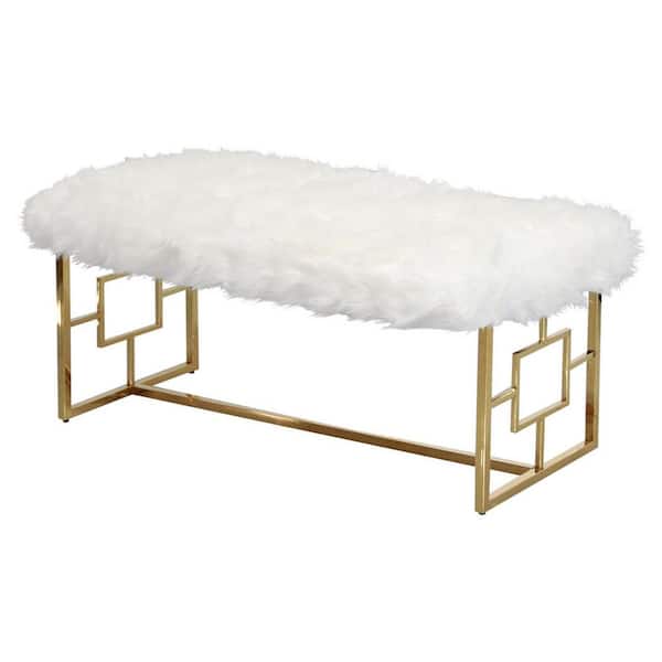 Best Master Furniture Lucy 18.5 in. H x 18.5 in. W x 39.5 in. D White Faux Fur Accent Bench, Gold