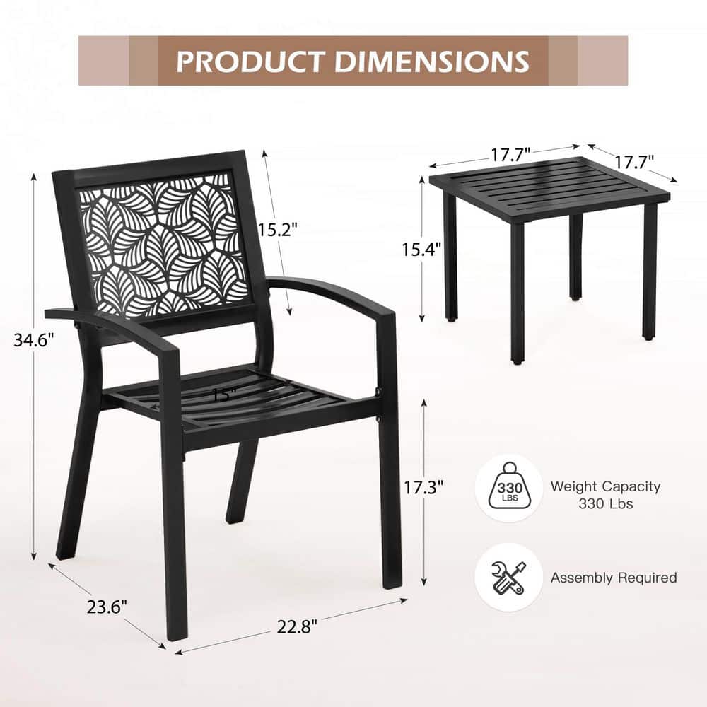 Black Steel 3-Piece Outdoor Bistro Set with Geometric Design