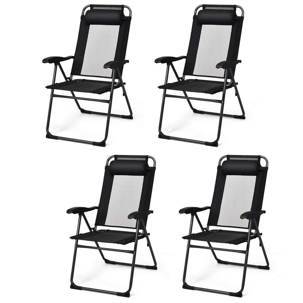 Black Adjustable Reclining Folding Patio Chairs with Headrests, Set of 4