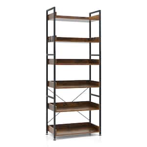 70 in. Tall Brown Metal 6-Shelf Standard Bookcase with 4 Hooks Rustic